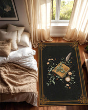Dark Academia Area Rug, Vintage Library Book & Quill Floral Carpet, Black Gold Border Victorian Decor, Living Room Bedroom Mat Runner