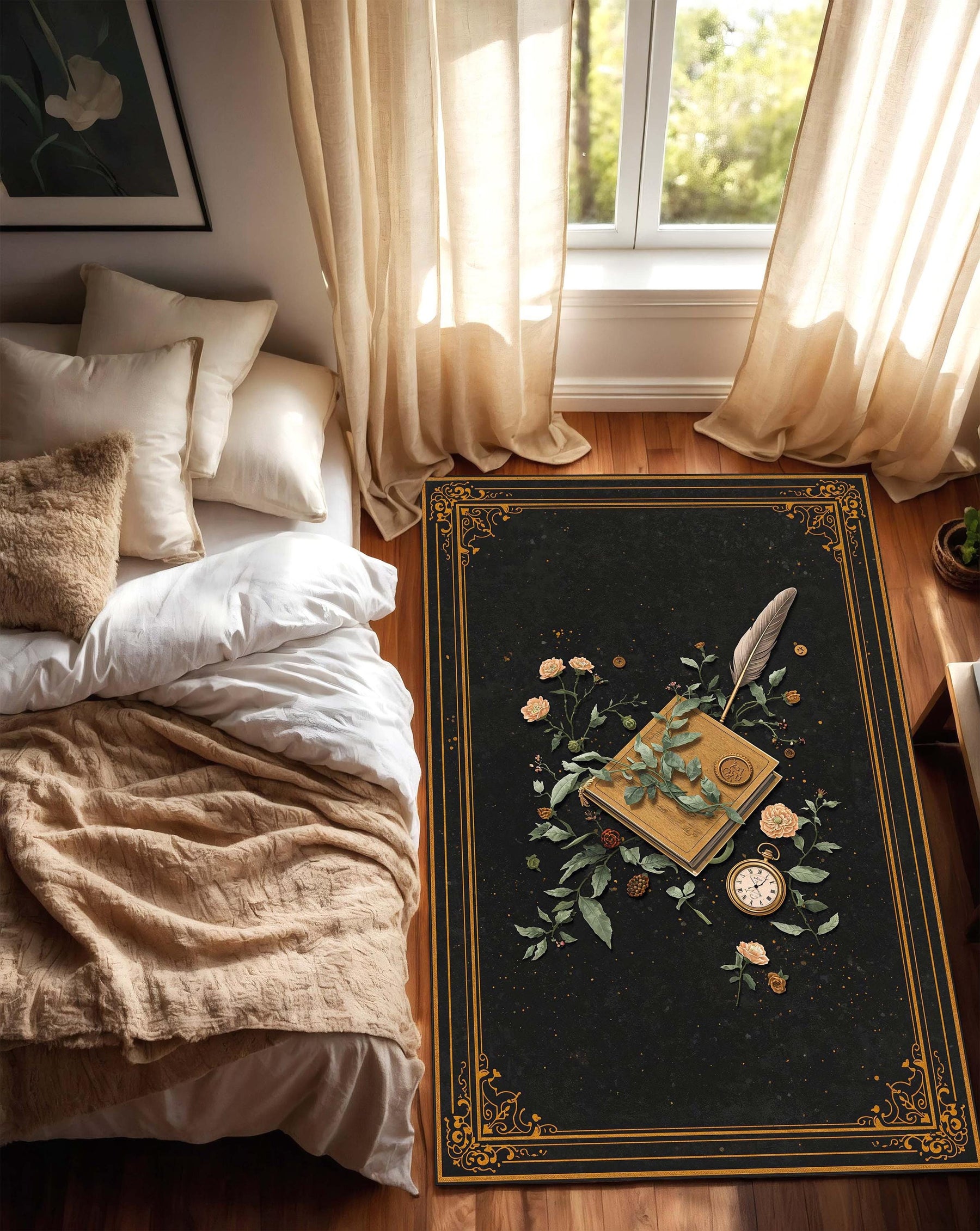 Dark Academia Area Rug, Vintage Library Book & Quill Floral Carpet, Black Gold Border Victorian Decor, Living Room Bedroom Mat Runner