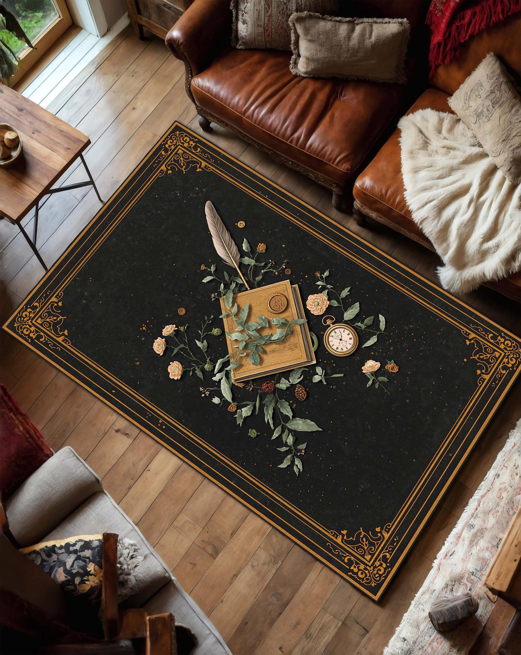 Dark Academia Area Rug, Vintage Library Book & Quill Floral Carpet, Black Gold Border Victorian Decor, Living Room Bedroom Mat Runner