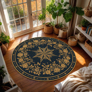 Vintage Compass Rose Round Rug, Navy Blue Gold Floral Mandala Area Rug, Boho Celestial Floor Mat for Living Room Bedroom Decor, Entryway Rug