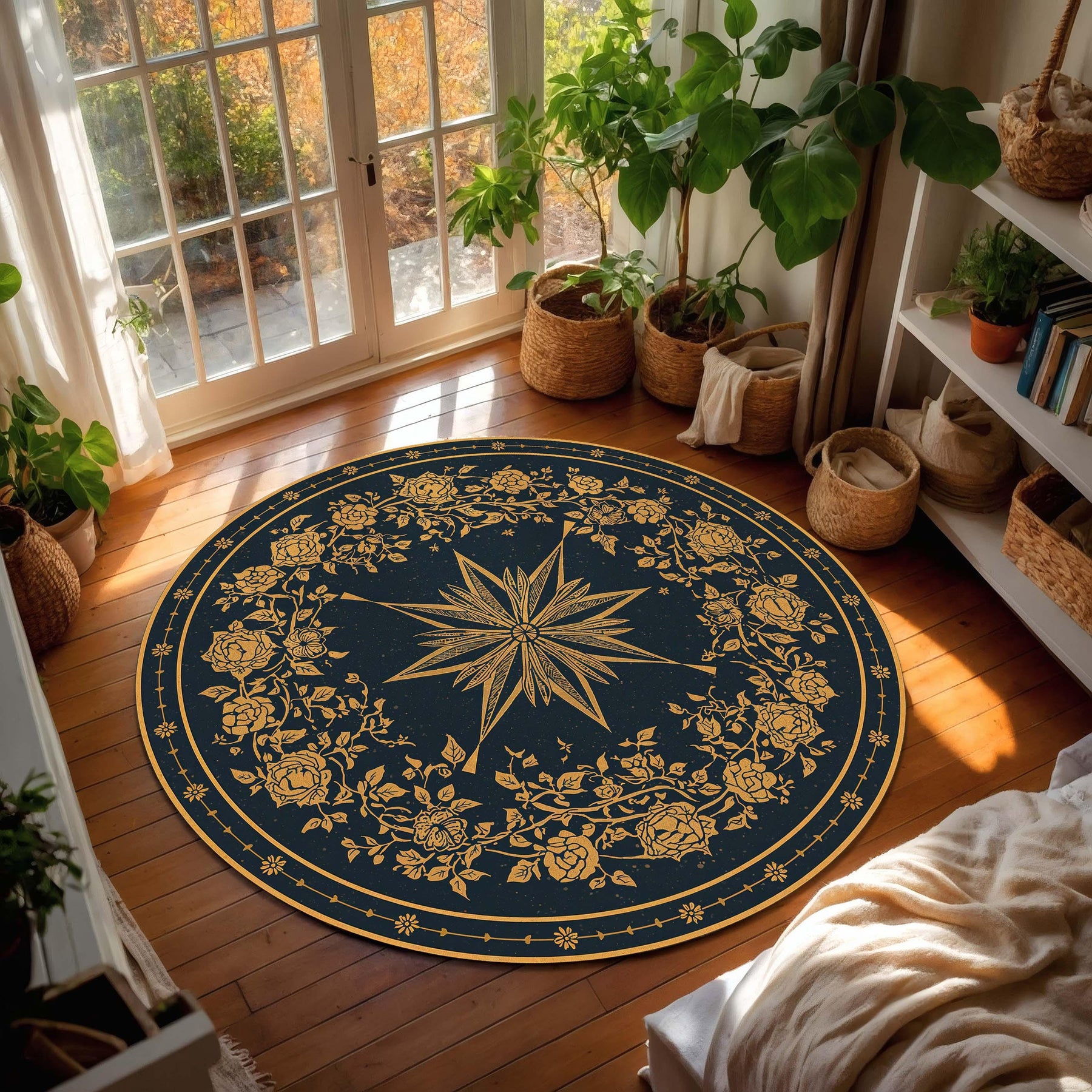 Vintage Compass Rose Round Rug, Navy Blue Gold Floral Mandala Area Rug, Boho Celestial Floor Mat for Living Room Bedroom Decor, Entryway Rug