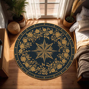 Vintage Compass Rose Round Rug, Navy Blue Gold Floral Mandala Area Rug, Boho Celestial Floor Mat for Living Room Bedroom Decor, Entryway Rug