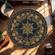 Vintage Compass Rose Round Rug, Navy Blue Gold Floral Mandala Area Rug, Boho Celestial Floor Mat for Living Room Bedroom Decor, Entryway Rug