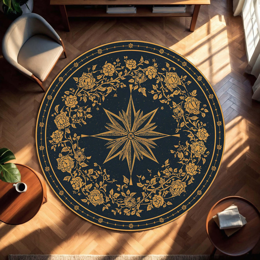 Vintage Compass Rose Round Rug, Navy Blue Gold Floral Mandala Area Rug, Boho Celestial Floor Mat for Living Room Bedroom Decor, Entryway Rug