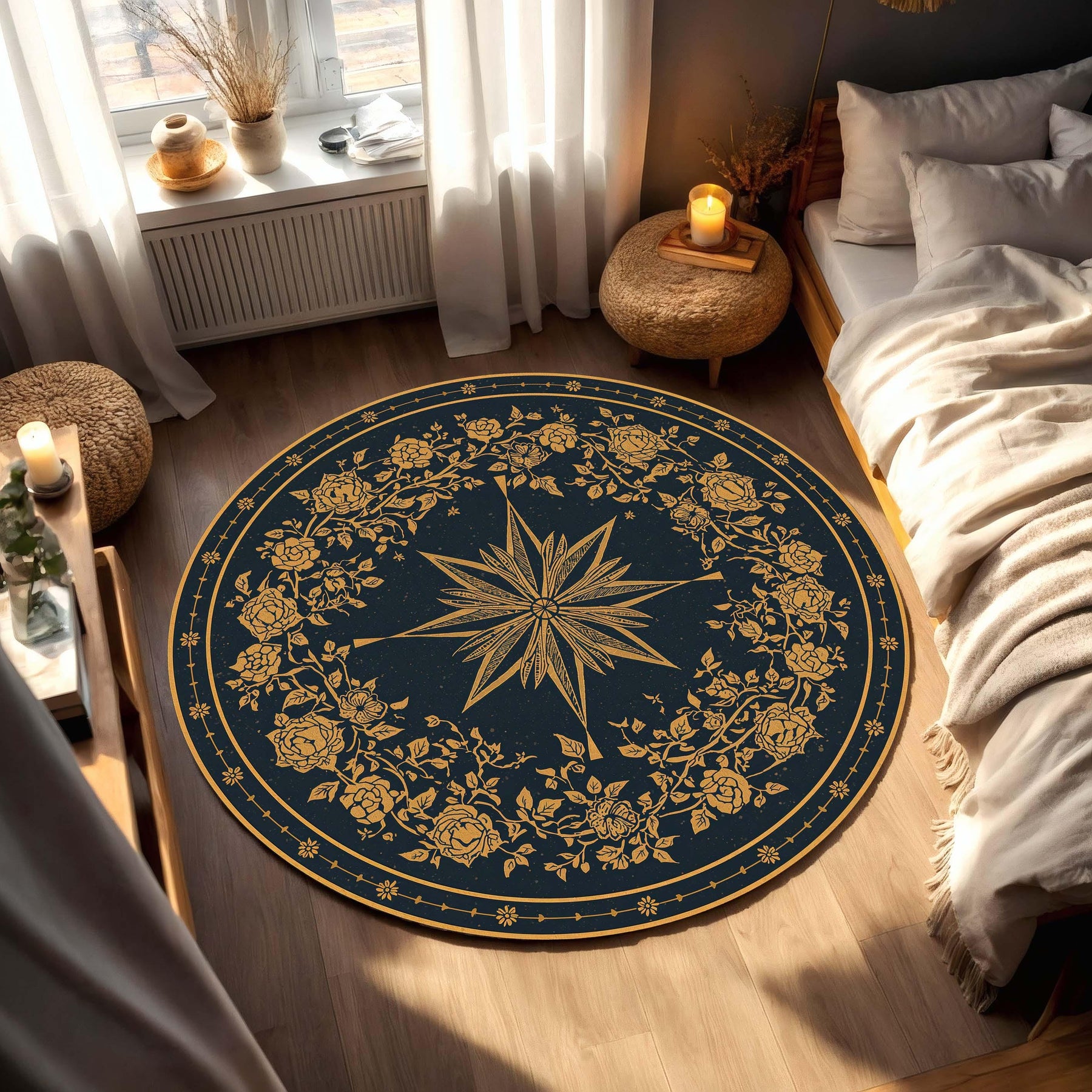 Vintage Compass Rose Round Rug, Navy Blue Gold Floral Mandala Area Rug, Boho Celestial Floor Mat for Living Room Bedroom Decor, Entryway Rug