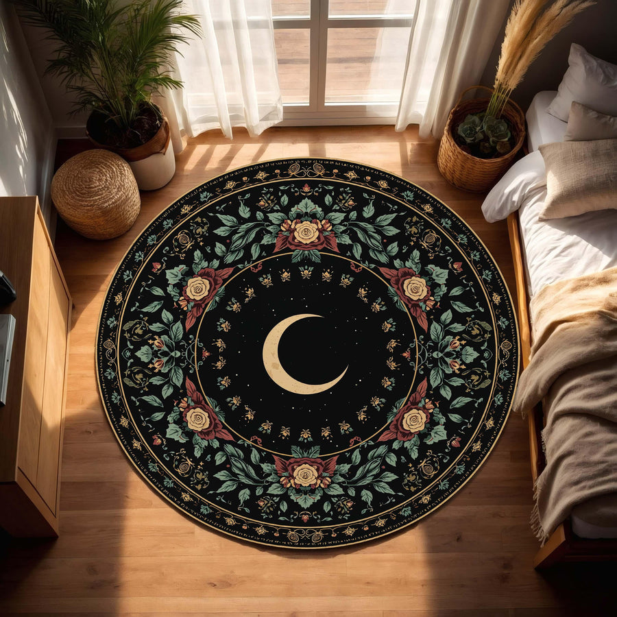 Crescent Moon Round Rug, Dark Floral Botanical Celestial Carpet, Witchy Boho Gothic Home Decor, Nursery Meditation Room Floor Mat Art