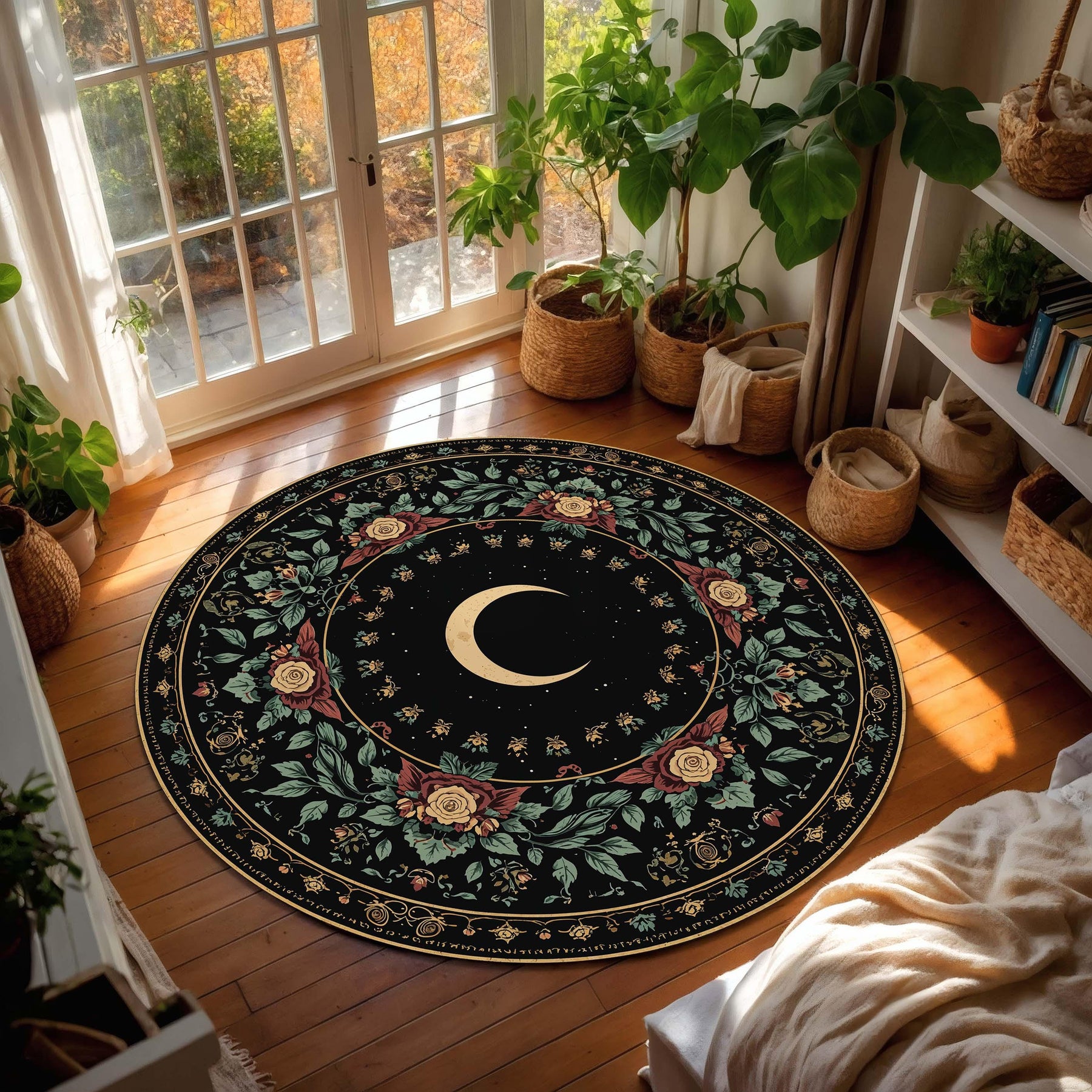 Crescent Moon Round Rug, Dark Floral Botanical Celestial Carpet, Witchy Boho Gothic Home Decor, Nursery Meditation Room Floor Mat Art