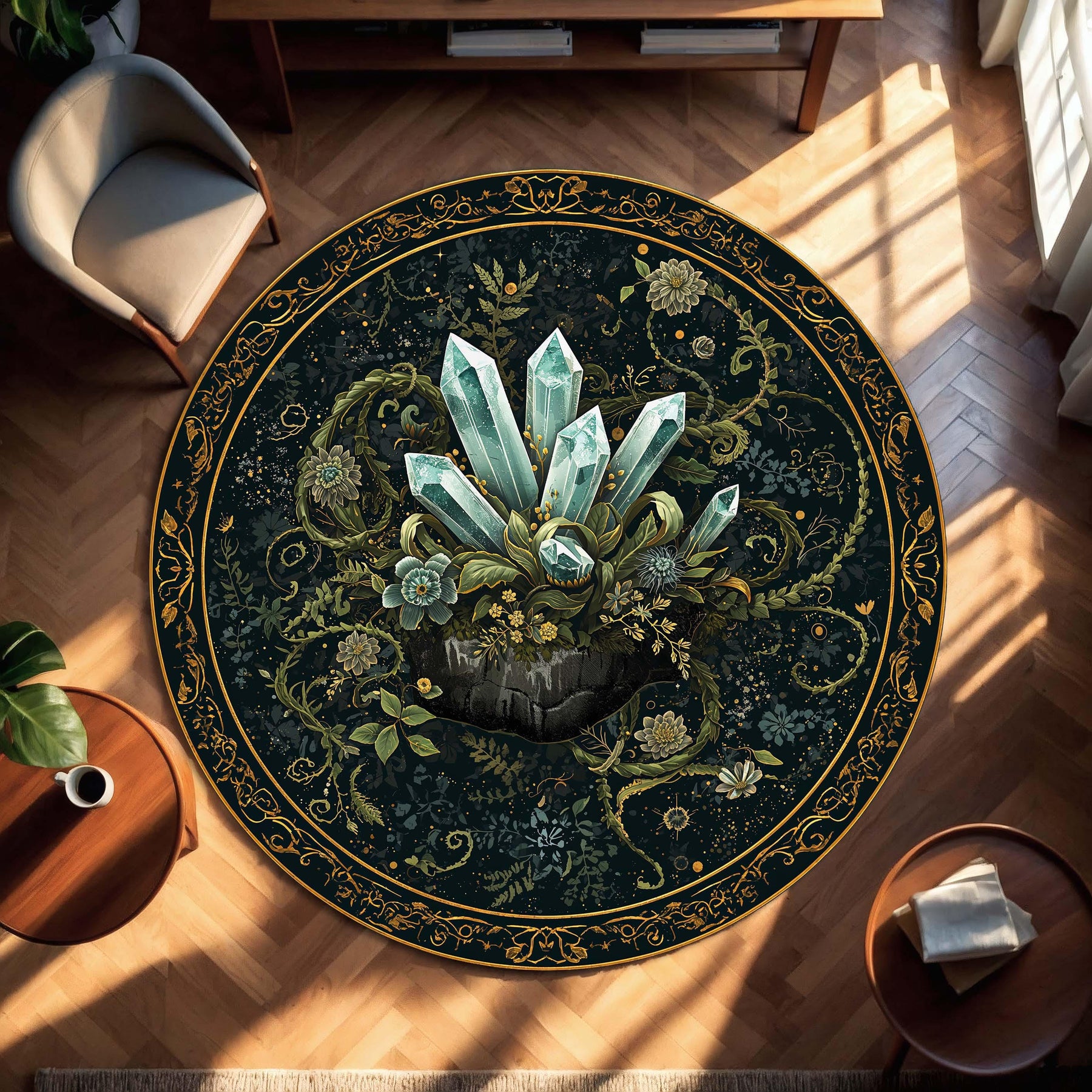 Mystic Crystal Round Rug, Dark Botanical Teal & Gold Mandala Floor Mat, Boho Witchy Decor, Living Room Bedroom Area Rug Gift Housewarming