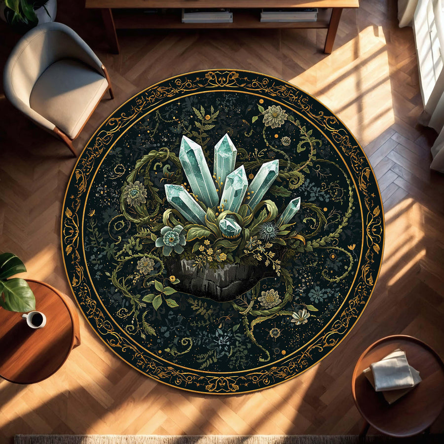 Mystic Crystal Round Rug, Dark Botanical Teal & Gold Mandala Floor Mat, Boho Witchy Decor, Living Room Bedroom Area Rug Gift Housewarming