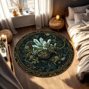 Mystic Crystal Round Rug, Dark Botanical Teal & Gold Mandala Floor Mat, Boho Witchy Decor, Living Room Bedroom Area Rug Gift Housewarming