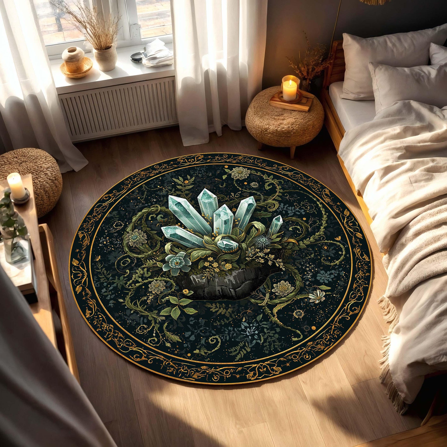 Mystic Crystal Round Rug, Dark Botanical Teal & Gold Mandala Floor Mat, Boho Witchy Decor, Living Room Bedroom Area Rug Gift Housewarming