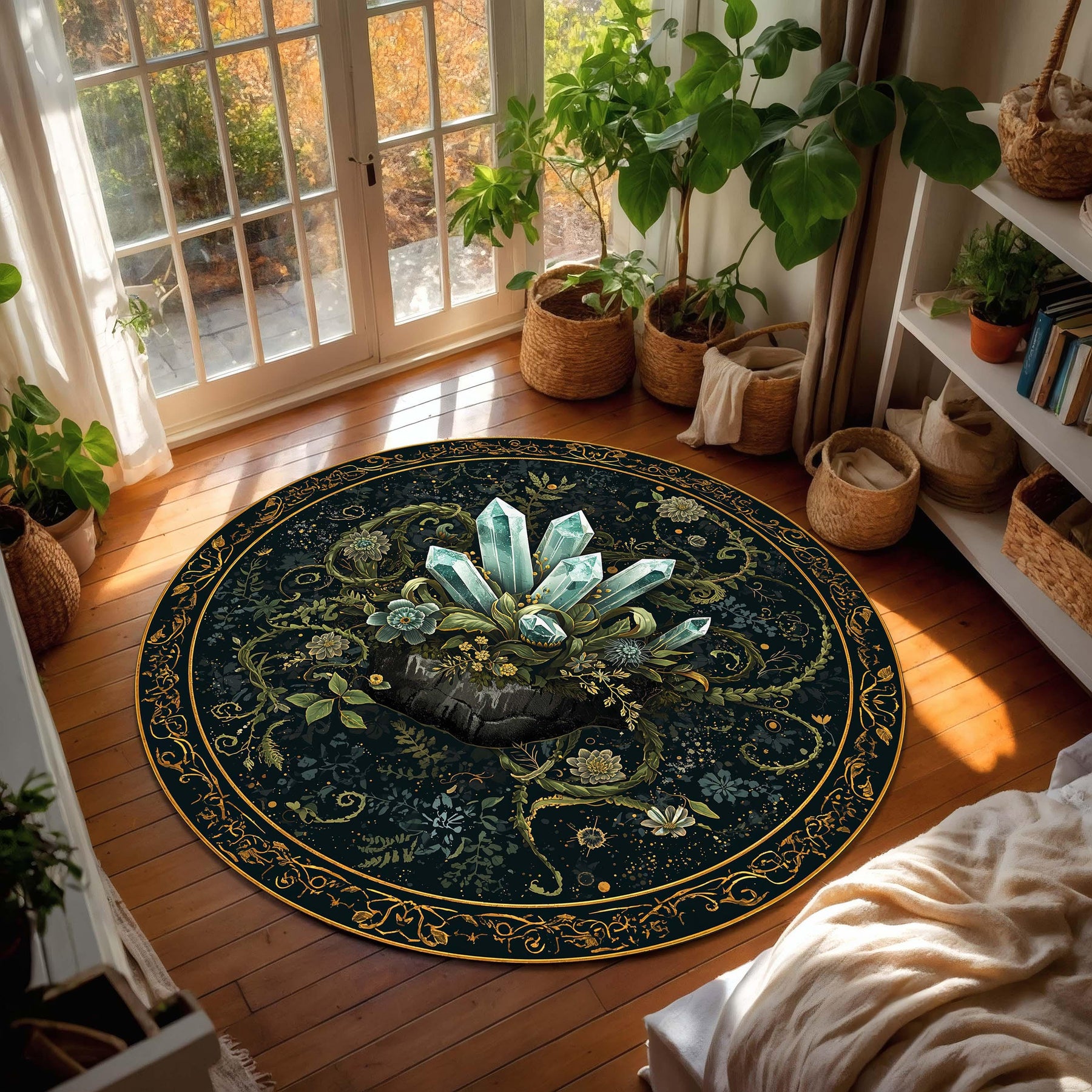 Mystic Crystal Round Rug, Dark Botanical Teal & Gold Mandala Floor Mat, Boho Witchy Decor, Living Room Bedroom Area Rug Gift Housewarming