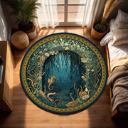 Round Ocean Cave Rug, Seahorse Underwater Garden Mandala, Teal Gold Nautical Floor Mat, Coastal Boho Living Room Decor, Kids Playroom