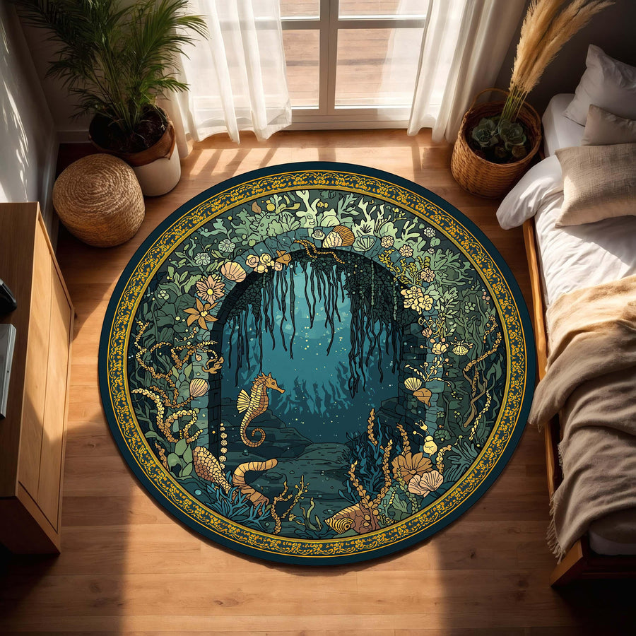 Round Ocean Cave Rug, Seahorse Underwater Garden Mandala, Teal Gold Nautical Floor Mat, Coastal Boho Living Room Decor, Kids Playroom