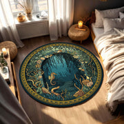 Round Ocean Cave Rug, Seahorse Underwater Garden Mandala, Teal Gold Nautical Floor Mat, Coastal Boho Living Room Decor, Kids Playroom