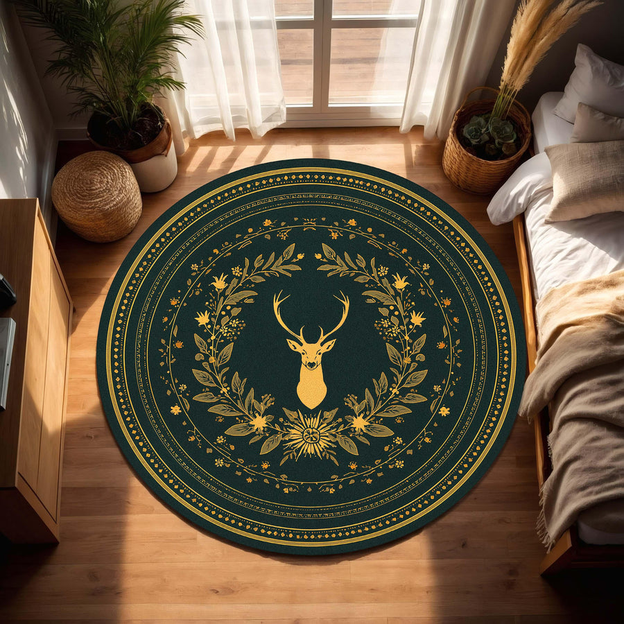 Forest Green Round Area Rug with Gold Deer & Floral Wreath, Vintage Woodland Decor, Boho Cabin Living Room Floor Mat, Nursery Accent Rug