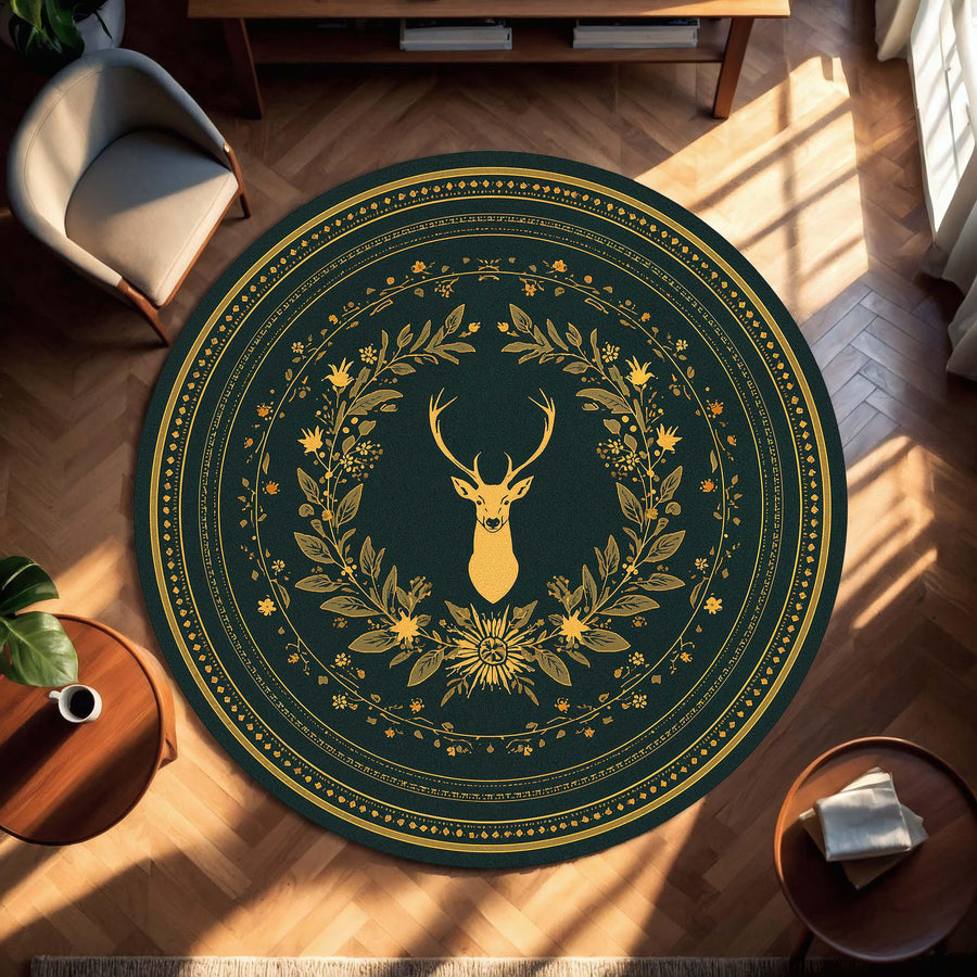 Forest Green Round Area Rug with Gold Deer & Floral Wreath, Vintage Woodland Decor, Boho Cabin Living Room Floor Mat, Nursery Accent Rug