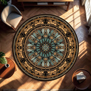 Vintage Rose Window Round Rug, Gothic Stained Glass Mandala Carpet, Teal & Gold Art Nouveau Circle Area Rug for Living Room Boho Decor