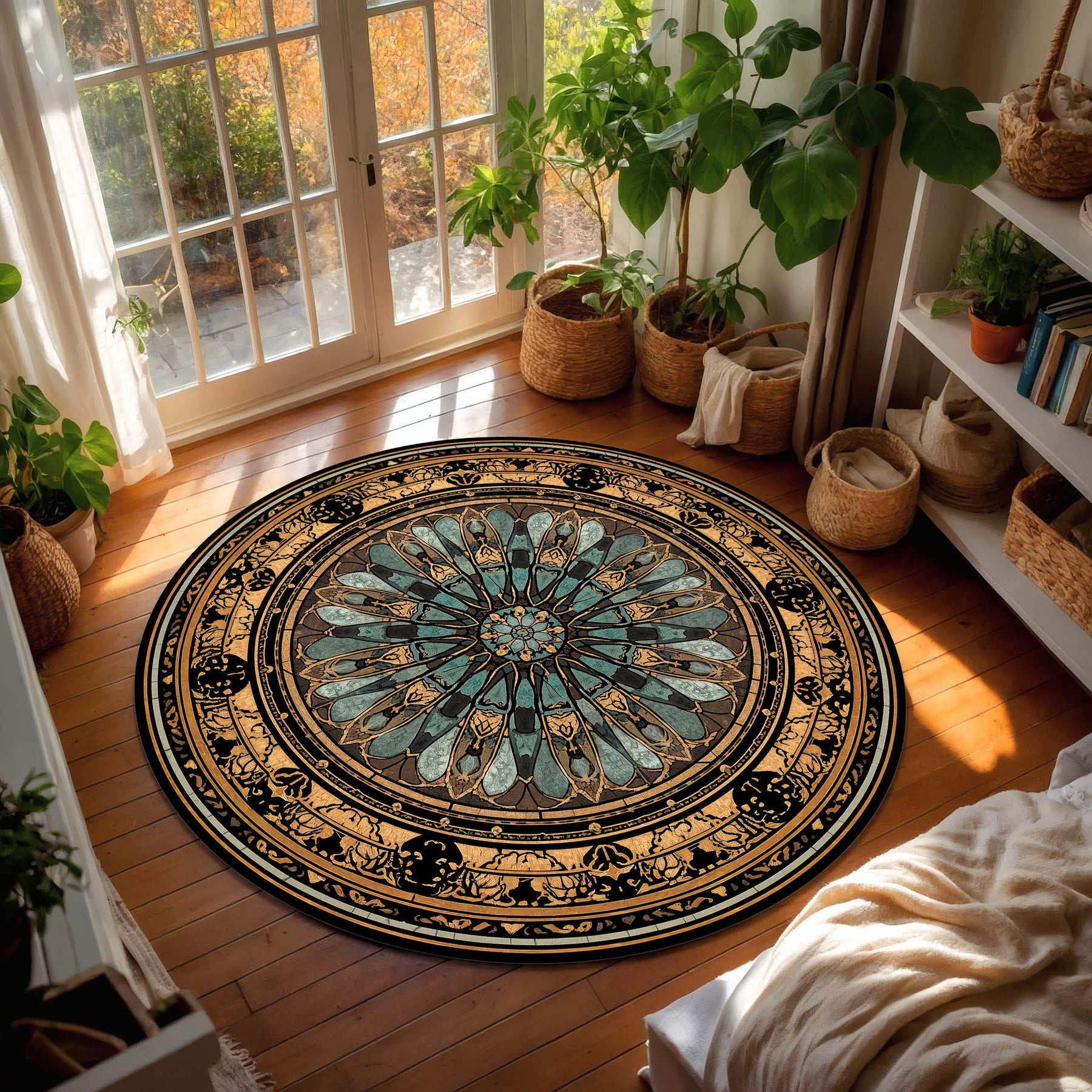 Vintage Rose Window Round Rug, Gothic Stained Glass Mandala Carpet, Teal & Gold Art Nouveau Circle Area Rug for Living Room Boho Decor
