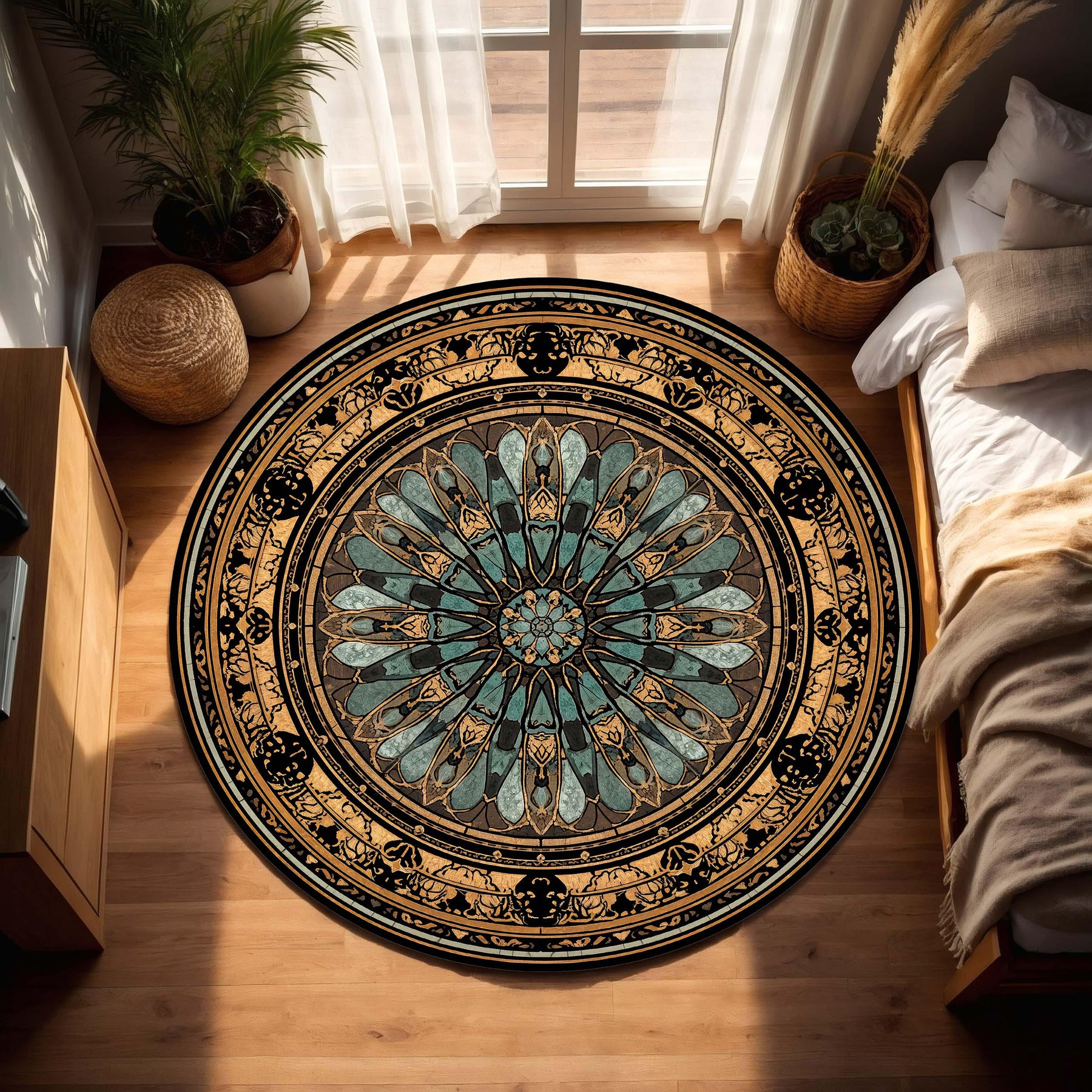 Vintage Rose Window Round Rug, Gothic Stained Glass Mandala Carpet, Teal & Gold Art Nouveau Circle Area Rug for Living Room Boho Decor