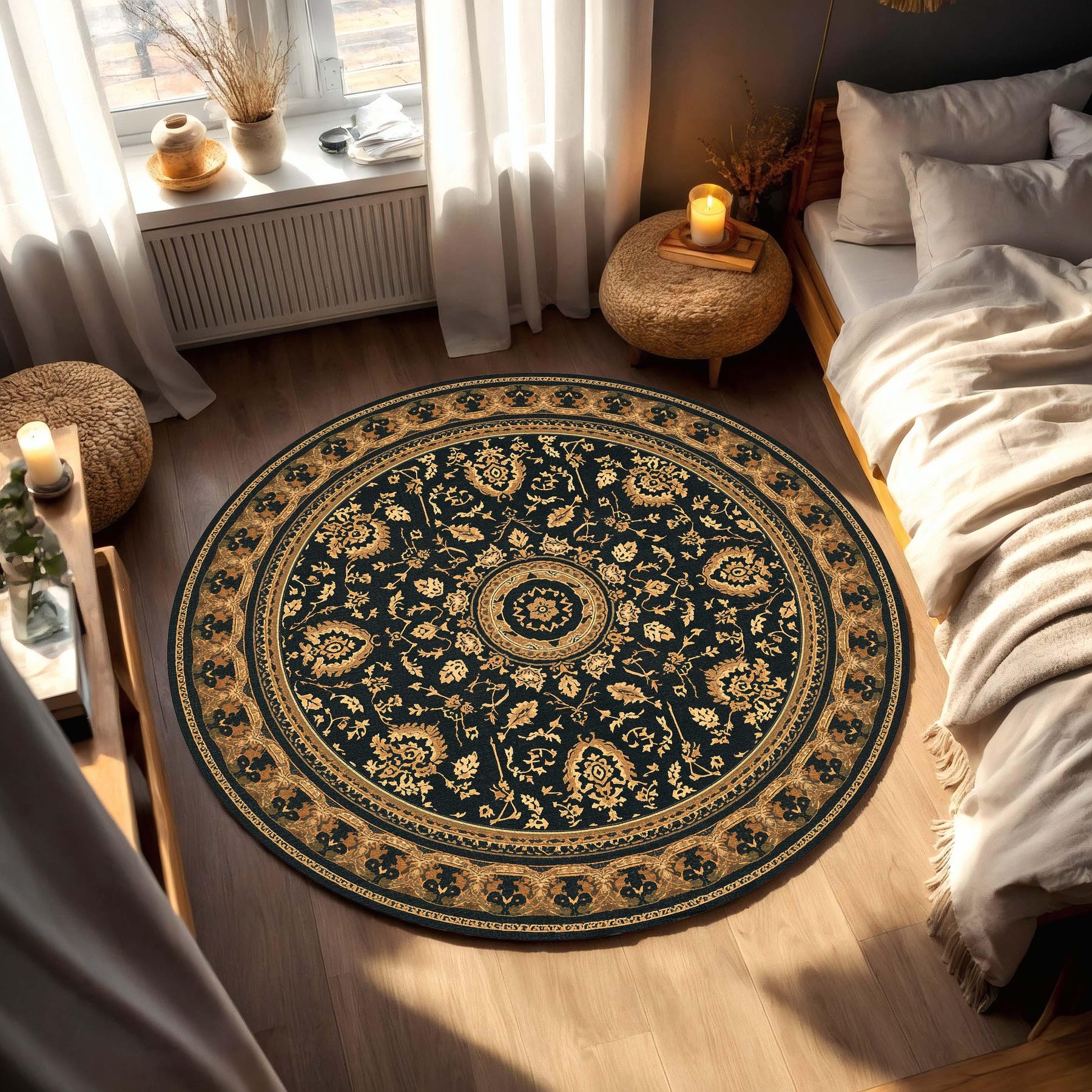 Round Vintage Medallion Rug, Black & Gold Floral Boho Area Rug, Non Slip Washable Carpet for Living Room Bedroom Entryway Home Decor