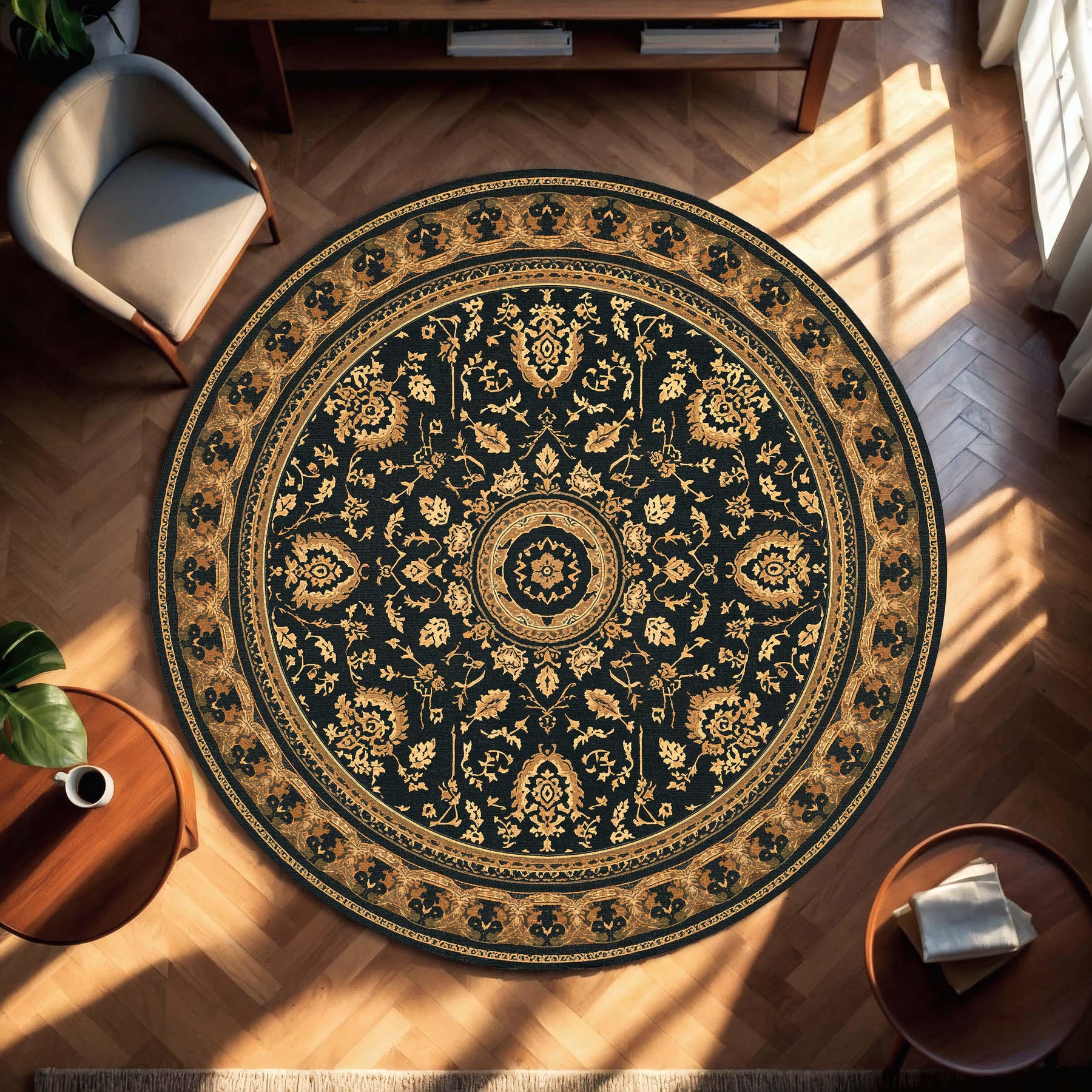 Round Vintage Medallion Rug, Black & Gold Floral Boho Area Rug, Non Slip Washable Carpet for Living Room Bedroom Entryway Home Decor