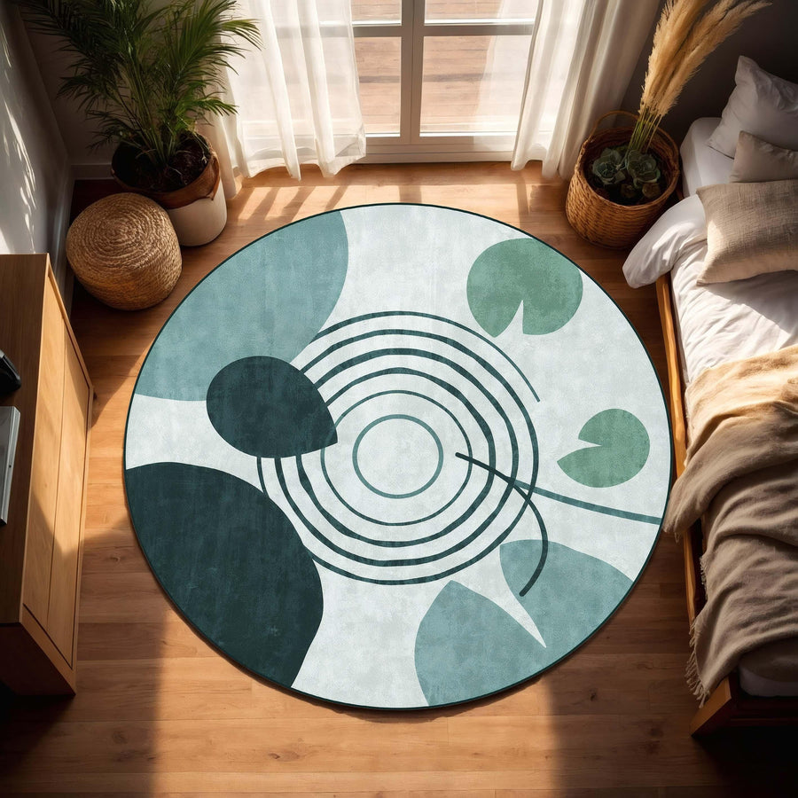 Round Abstract Botanical Rug, Teal Green Leaf & Geometric Circle Design, Modern Mid Century Scandinavian Area Rug for Living Room Home