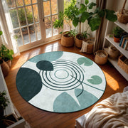 Round Abstract Botanical Rug, Teal Green Leaf & Geometric Circle Design, Modern Mid Century Scandinavian Area Rug for Living Room Home