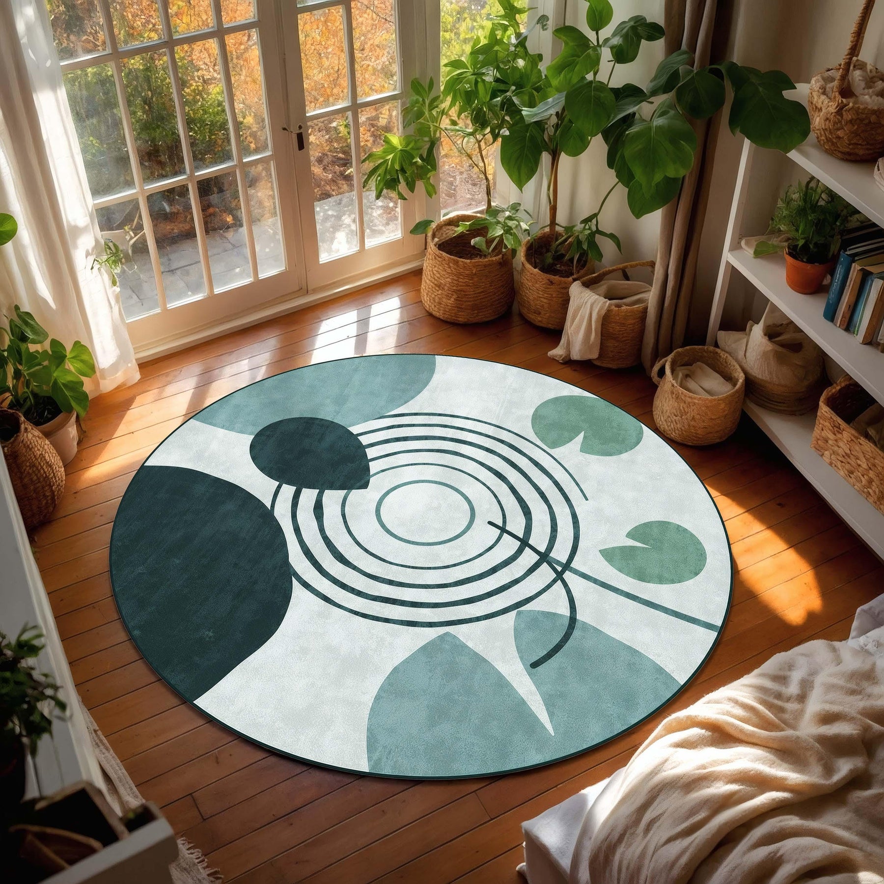Round Abstract Botanical Rug, Teal Green Leaf & Geometric Circle Design, Modern Mid Century Scandinavian Area Rug for Living Room Home