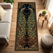 Peacock Runner Rug for Hallway, Black Vintage Art Deco Bird Carpet, Long Boho Floral Entryway Mat, Non Slip Area Floor Decor Gift Idea