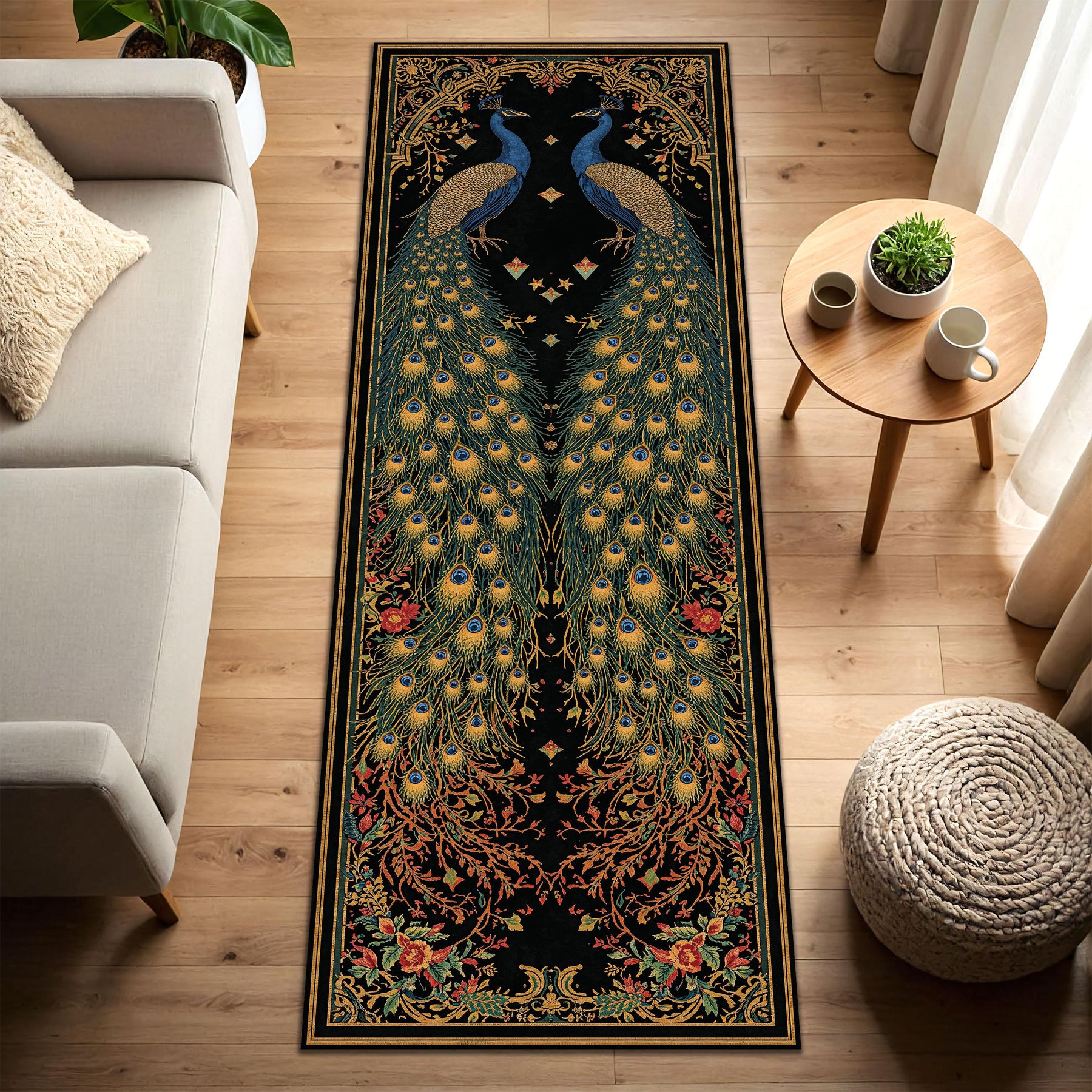 Peacock Runner Rug for Hallway, Black Vintage Art Deco Bird Carpet, Long Boho Floral Entryway Mat, Non Slip Area Floor Decor Gift Idea