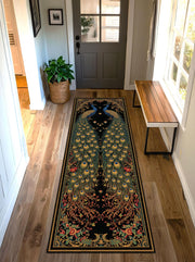 Peacock Runner Rug for Hallway, Black Vintage Art Deco Bird Carpet, Long Boho Floral Entryway Mat, Non Slip Area Floor Decor Gift Idea