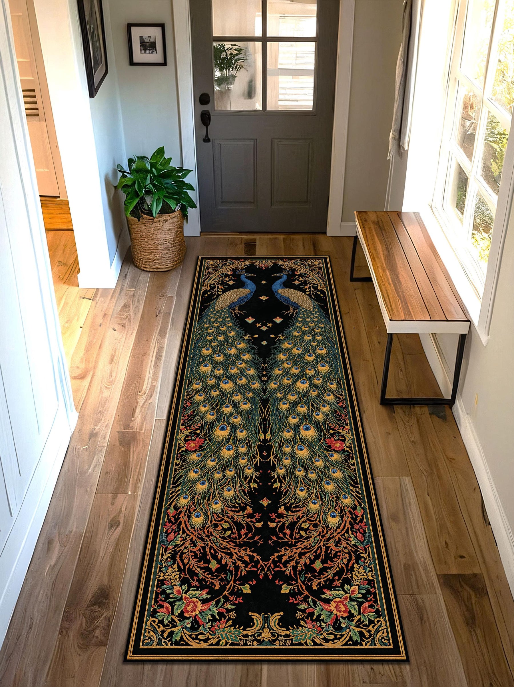 Peacock Runner Rug for Hallway, Black Vintage Art Deco Bird Carpet, Long Boho Floral Entryway Mat, Non Slip Area Floor Decor Gift Idea