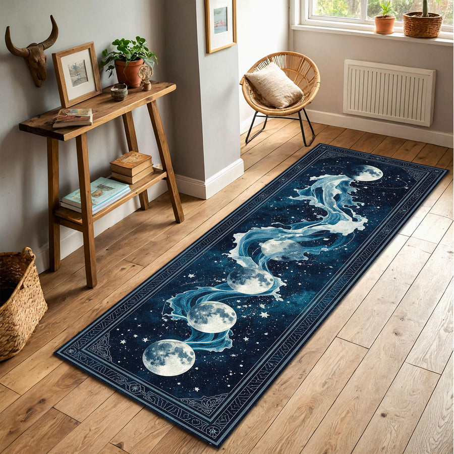 Moon Phase Wave Runner Rug, Celestial Ocean Galaxy Hallway Carpet, Mystic Navy Blue Long Area Rug, Boho Lunar Home Accent Piece