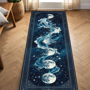 Moon Phase Wave Runner Rug, Celestial Ocean Galaxy Hallway Carpet, Mystic Navy Blue Long Area Rug, Boho Lunar Home Accent Piece