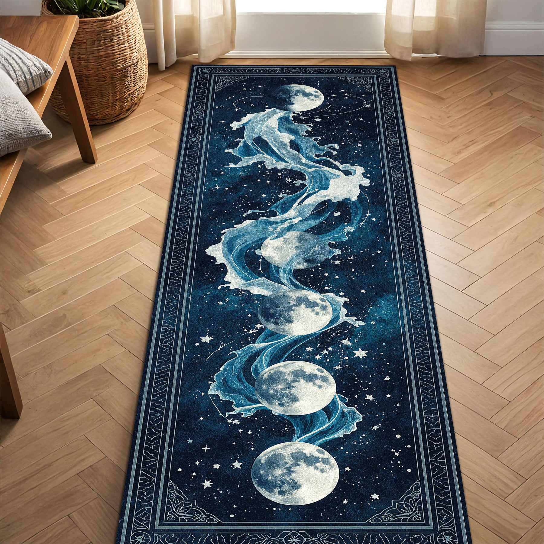 Moon Phase Wave Runner Rug, Celestial Ocean Galaxy Hallway Carpet, Mystic Navy Blue Long Area Rug, Boho Lunar Home Accent Piece