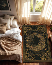 Black Gold Floral Area Rug, Elegant Baroque Wreath Carpet for Living Room, Lux Boho Modern Oriental Style Floor Decor, Non Slip Mat