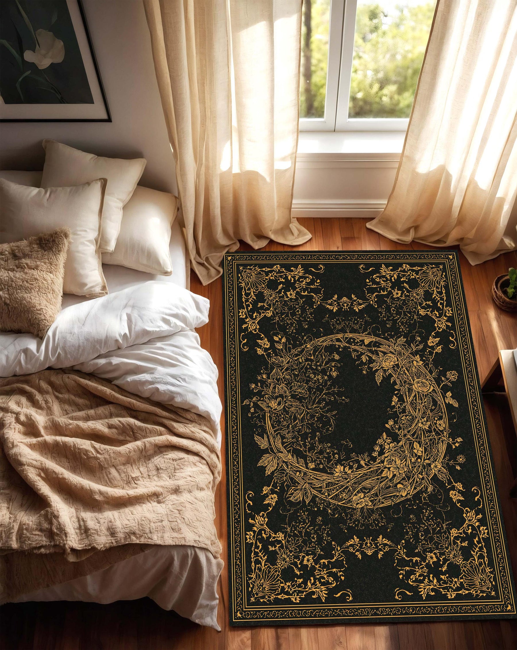 Black Gold Floral Area Rug, Elegant Baroque Wreath Carpet for Living Room, Lux Boho Modern Oriental Style Floor Decor, Non Slip Mat