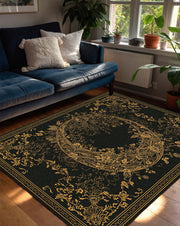 Black Gold Floral Area Rug, Elegant Baroque Wreath Carpet for Living Room, Lux Boho Modern Oriental Style Floor Decor, Non Slip Mat