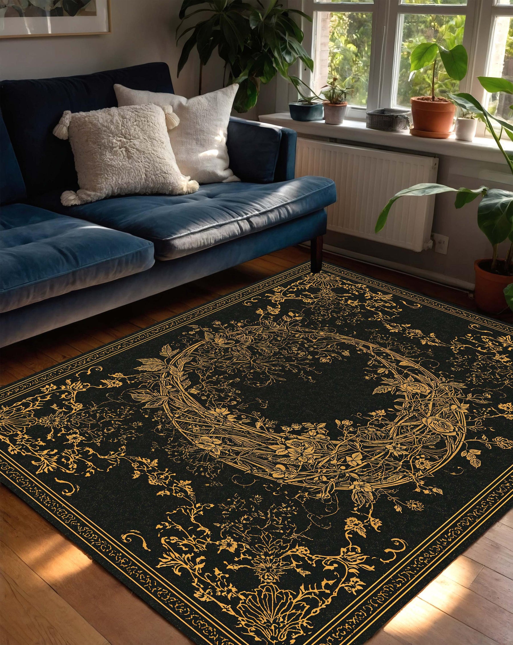 Black Gold Floral Area Rug, Elegant Baroque Wreath Carpet for Living Room, Lux Boho Modern Oriental Style Floor Decor, Non Slip Mat