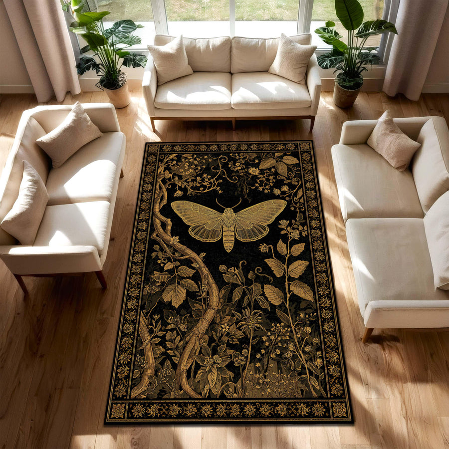 Black Gold Moth Rug, Dark Botanical Area Rug for Living Room, Vintage Cottagecore Nature Decor, Gothic Forest Insect Carpet Area Rug