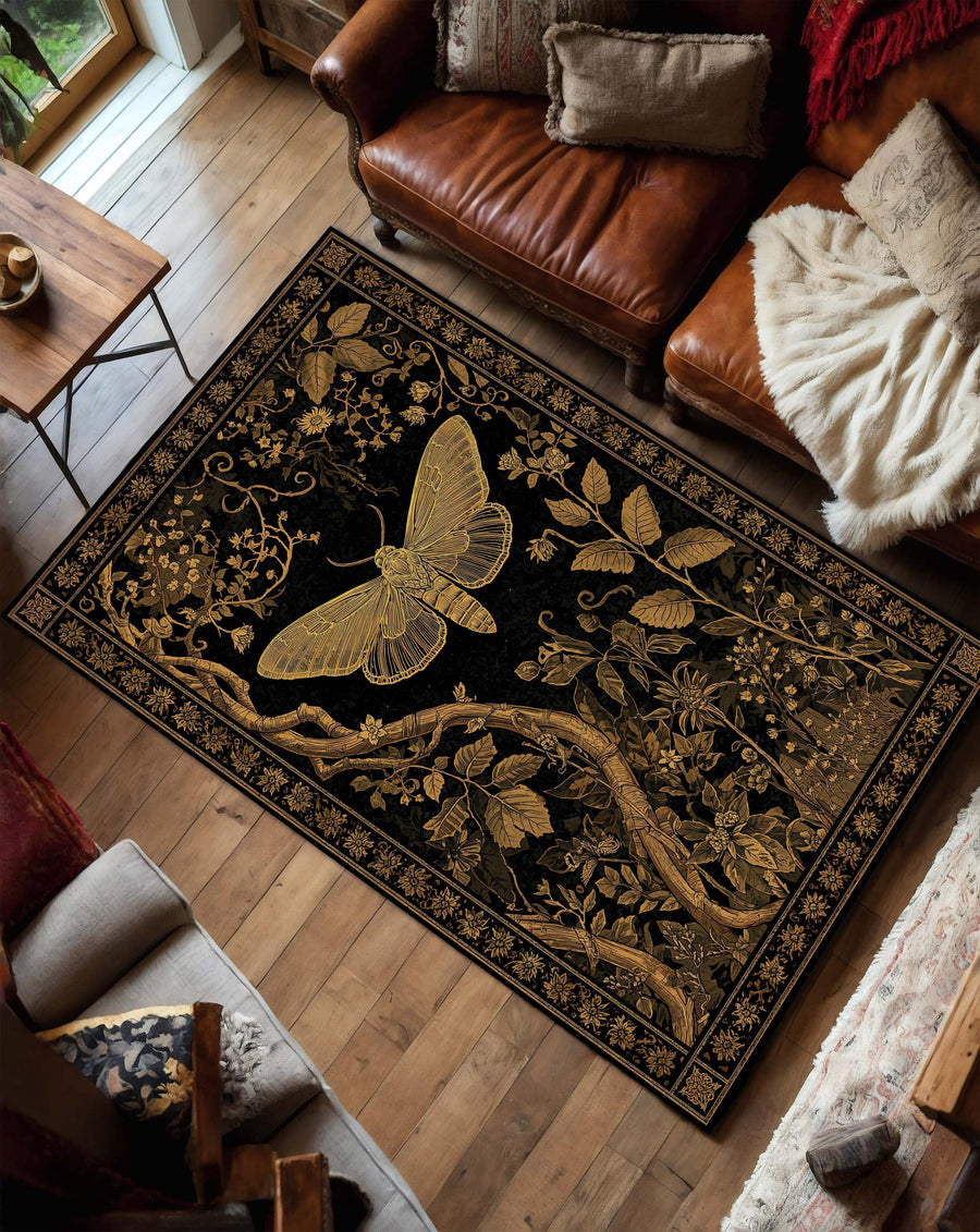 Black Gold Moth Rug, Dark Botanical Area Rug for Living Room, Vintage Cottagecore Nature Decor, Gothic Forest Insect Carpet Area Rug