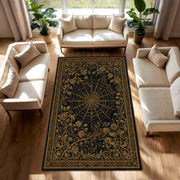 Black Gold Spider Web Floral Area Rug, Gothic Rose Carpet for Living Room, Occult Witchy Decor, Vintage Inspired Dark Aesthetic Home