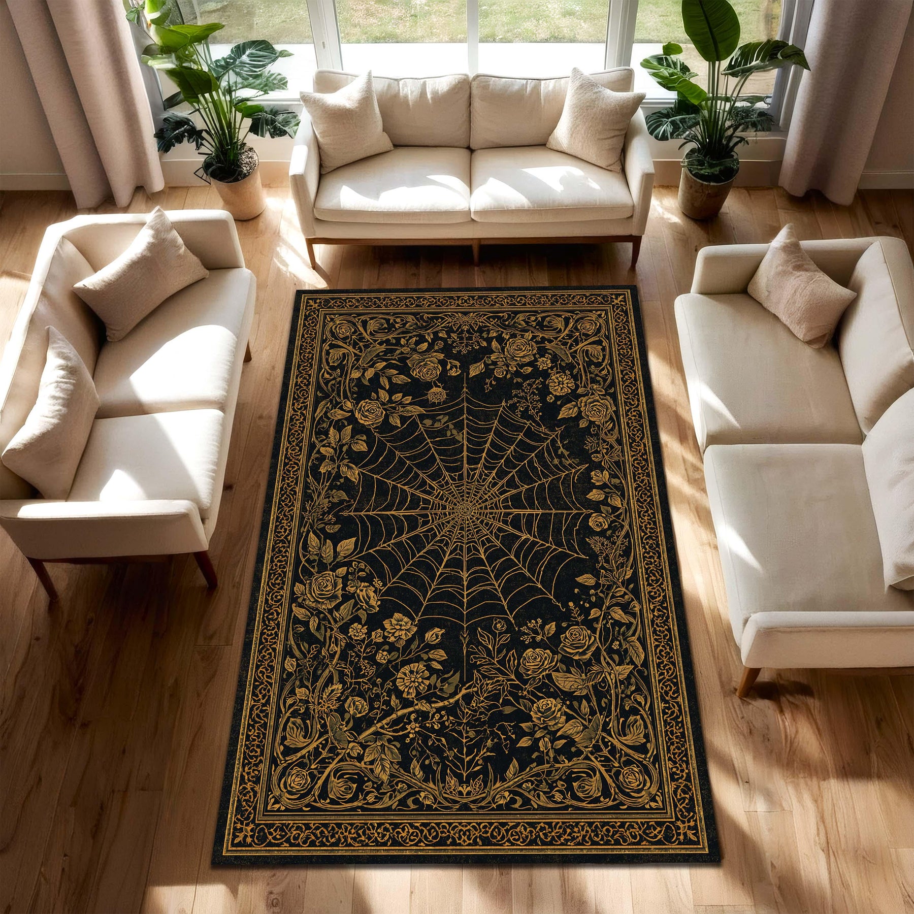 Black Gold Spider Web Floral Area Rug, Gothic Rose Carpet for Living Room, Occult Witchy Decor, Vintage Inspired Dark Aesthetic Home