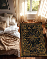 Black Gold Spider Web Floral Area Rug, Gothic Rose Carpet for Living Room, Occult Witchy Decor, Vintage Inspired Dark Aesthetic Home