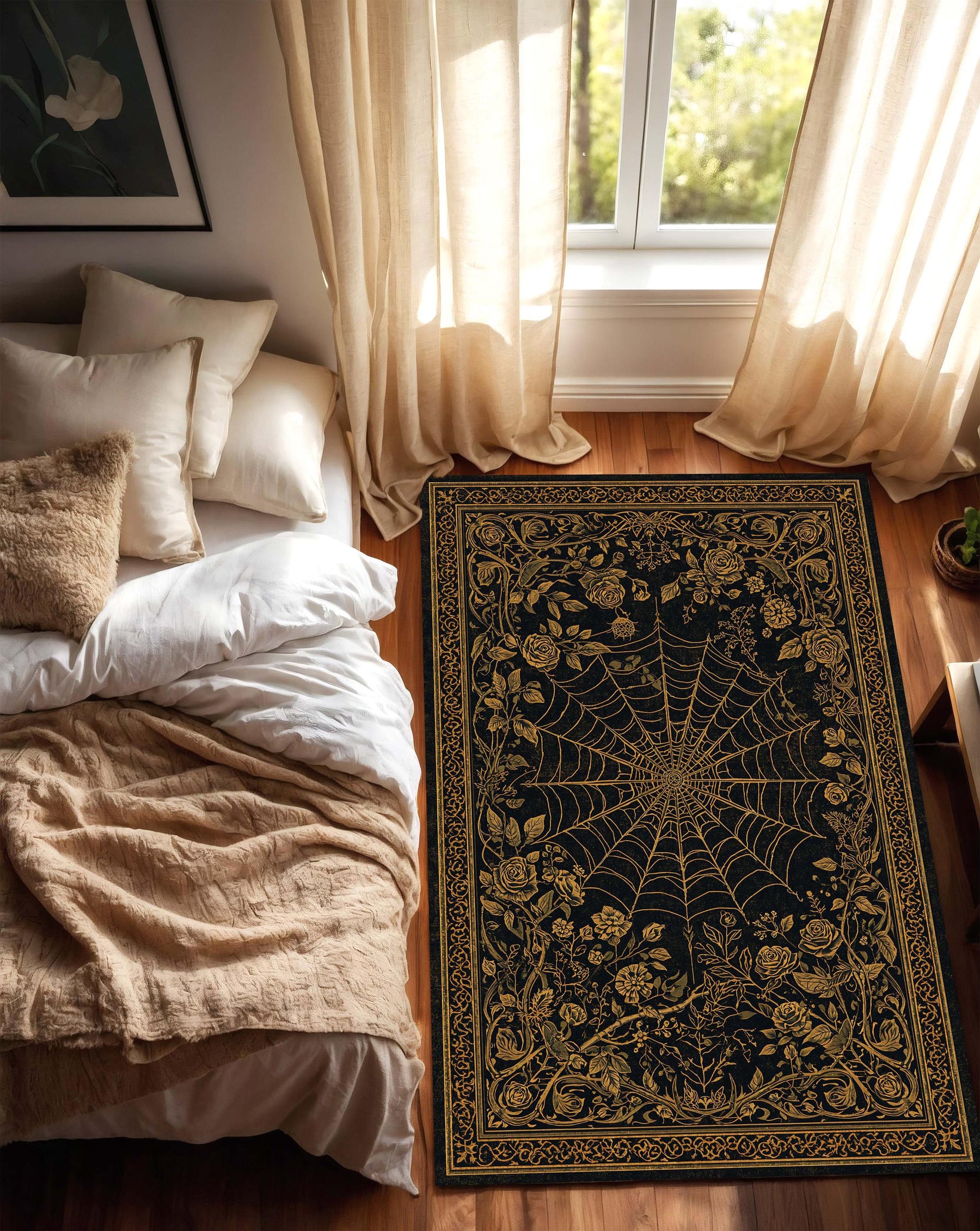 Black Gold Spider Web Floral Area Rug, Gothic Rose Carpet for Living Room, Occult Witchy Decor, Vintage Inspired Dark Aesthetic Home