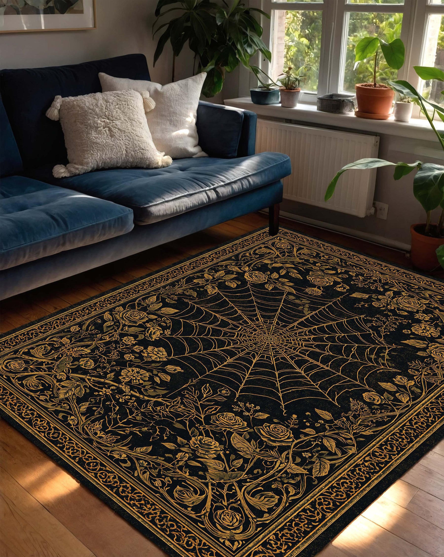 Black Gold Spider Web Floral Area Rug, Gothic Rose Carpet for Living Room, Occult Witchy Decor, Vintage Inspired Dark Aesthetic Home