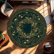 Round Green Botanical Rug, Vintage Floral Wreath Carpet, Art Nouveau Style Area Mat for Living Room, Boho Elegant Home Decor Accent