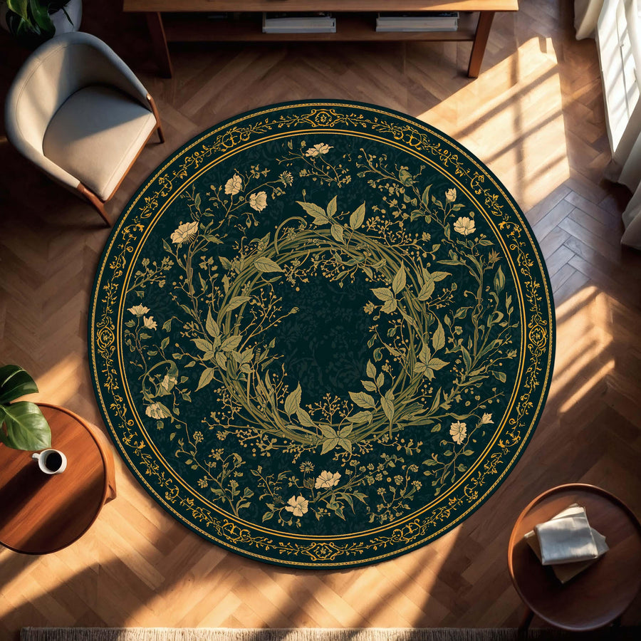 Round Green Botanical Rug, Vintage Floral Wreath Carpet, Art Nouveau Style Area Mat for Living Room, Boho Elegant Home Decor Accent