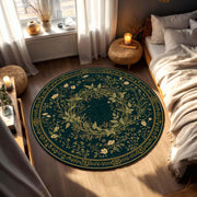 Round Green Botanical Rug, Vintage Floral Wreath Carpet, Art Nouveau Style Area Mat for Living Room, Boho Elegant Home Decor Accent